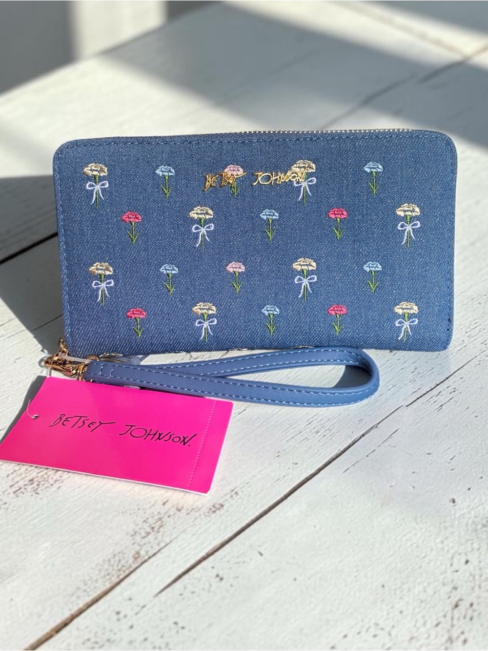 Betsy Johnson Zip Around Denim Flowers & Bows Wallet/Wristlet (NWT)